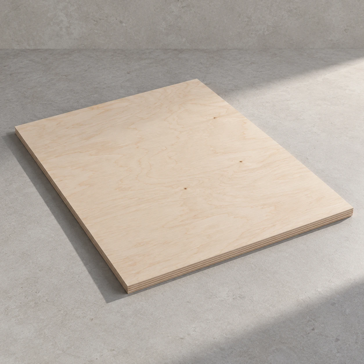 Whole birch-faced plywood sheet on limestone, pale cream face with soft wavy figure