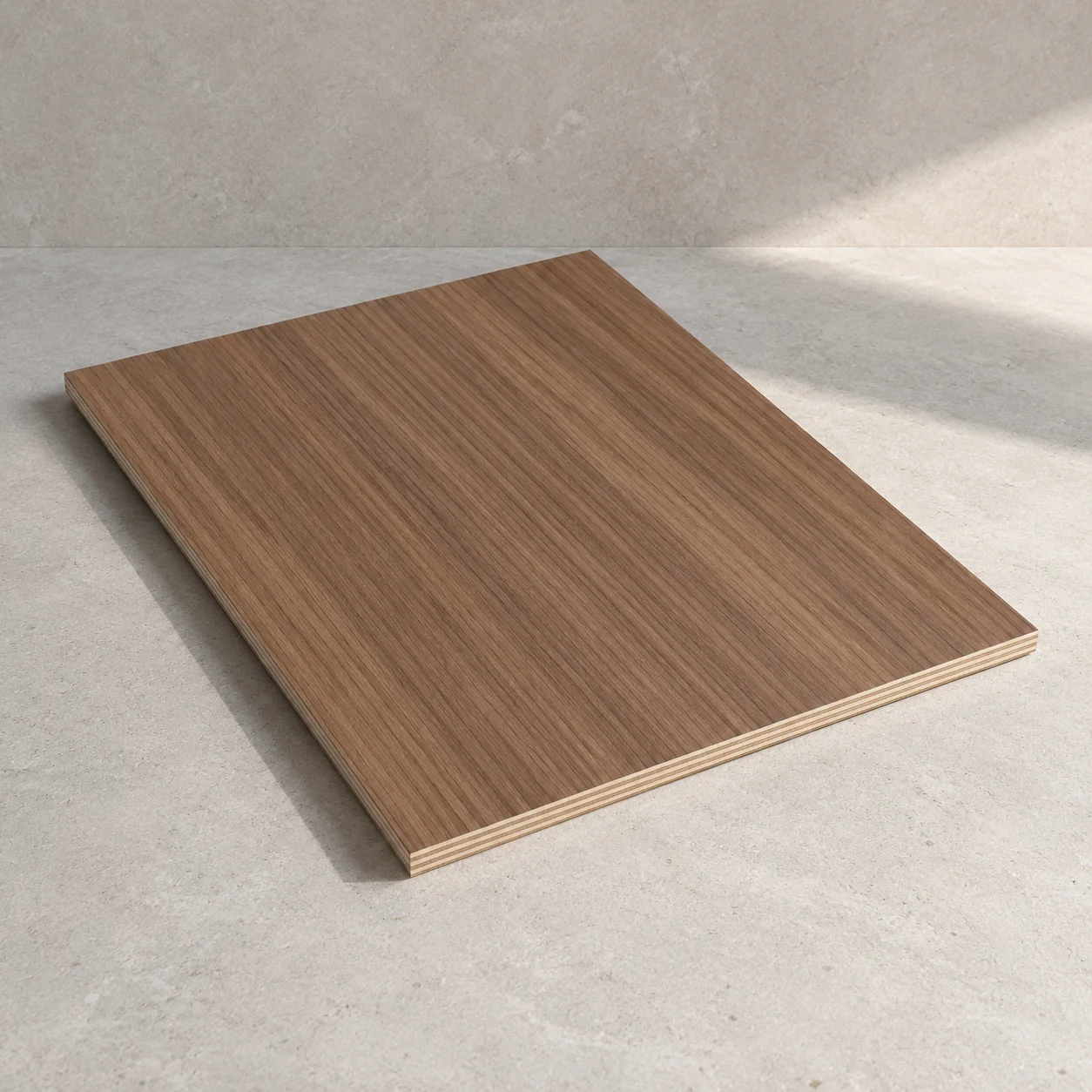 Whole plywood sheet faced with straight-grain walnut-look engineered veneer on limestone