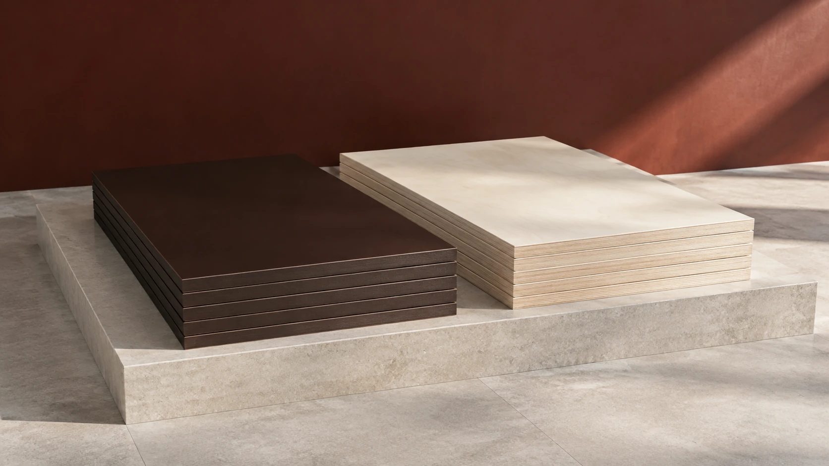 Two stacks of full-size plywood sheets on a limestone plinth: dark brown film-faced panels with red-brown sealed edges and pale poplar-faced panels